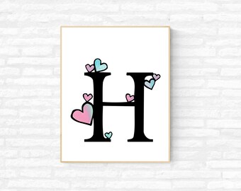 H for Heart, Alphabet Print, Digital Alphabet Print, Nursery Wall Art, Digital Download, Letter H, Wall Art 16x20 and 8x10