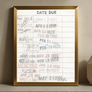 May include: A framed print with a gold-colored frame. The print features a vintage library card catalog design with the words "DATE DUE" at the top. The card has handwritten and stamped entries.