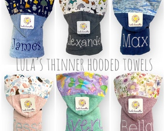 Hooded towel with name embroidery and fabric trim (thinner, light weight cotton towel)