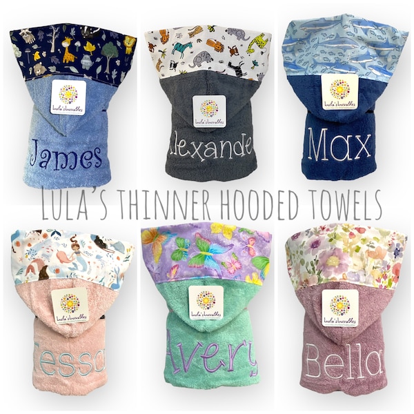 Hooded towel with name embroidery and fabric trim (thinner, light weight cotton towel)