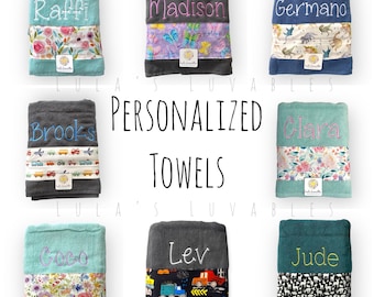 Personalized Embroidered Kids Towel, Fabric Trim, Plush Cotton