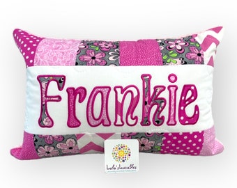 Pink flowers pillow case with name embroidered (Size: 12x18 inches, Pillow case only, Pillow form available separately)