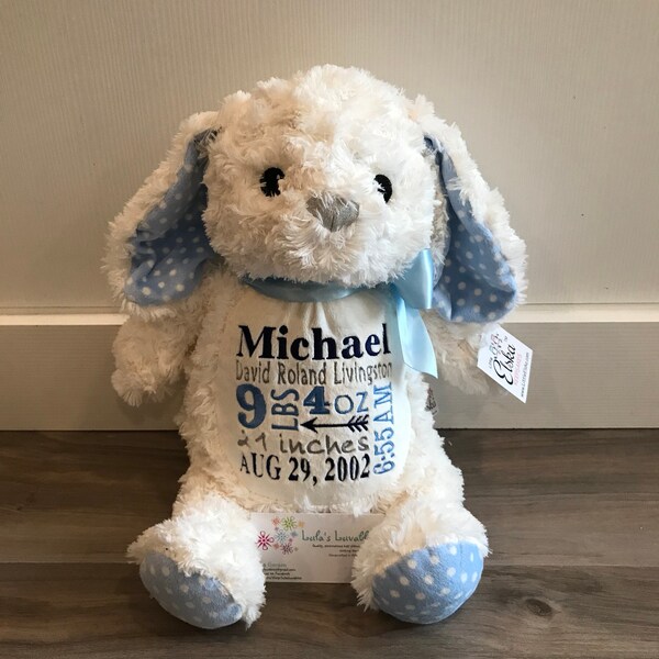 Bunny blue dot embroidered stuffed animal, boys baby shower gift, personalized, alberta