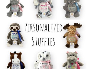 Personalized stuffed animal embroidered with birth stats or name, embroidered bear, new baby gift, Kelowna, BC, Canada