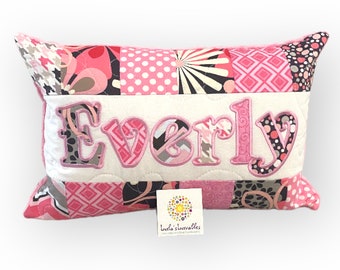 Personalized pillow with pink and grey flowers, (Size: 12x18 inches, Pillow case only, Pillow form available separately)