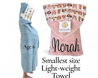 Hooded towel with name embroidery and fabric trim (thinner, light weight cotton towel)