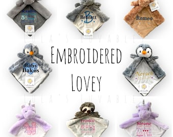 Lovey personalized for baby, embroidered security blanket, baby shower gift (~11 inch square)