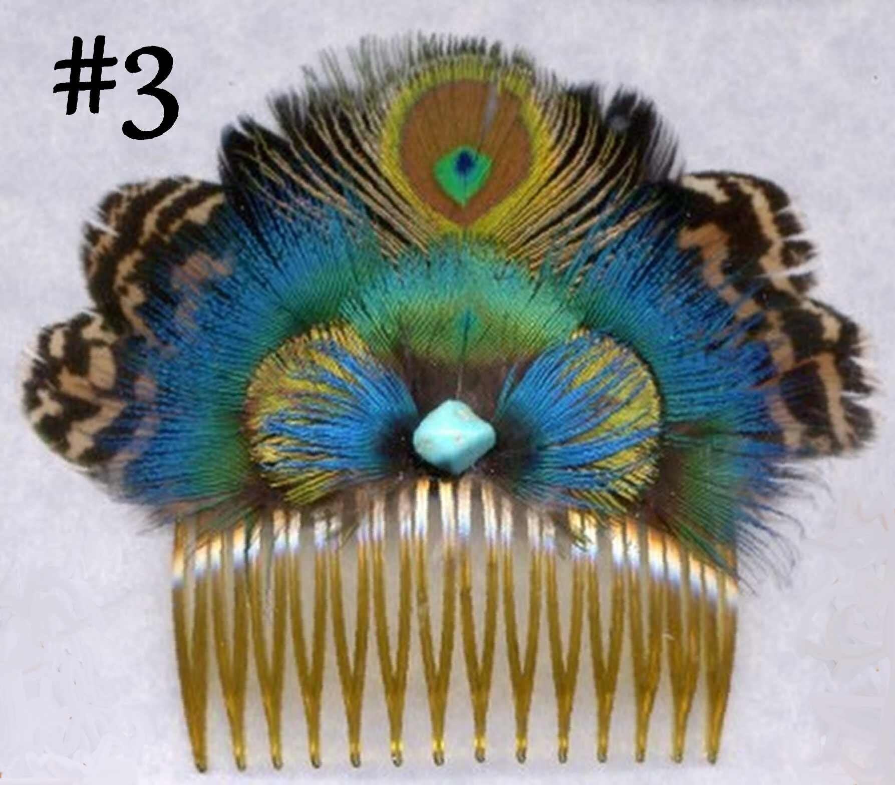 CUSTOM Handmade Peacock Feather Hair Comb with Stone Medium Etsy
