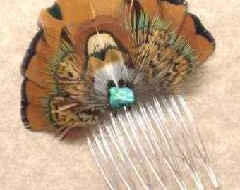 CUSTOM Handmade Pheasant Feather French Comb with Stone - Small - Beautiful Feathers for Gifting or Just for You!