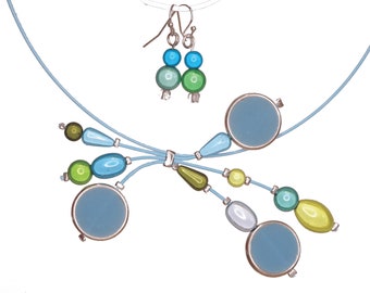 Blue and green necklace wire apple green floating bead necklace choker and earrings