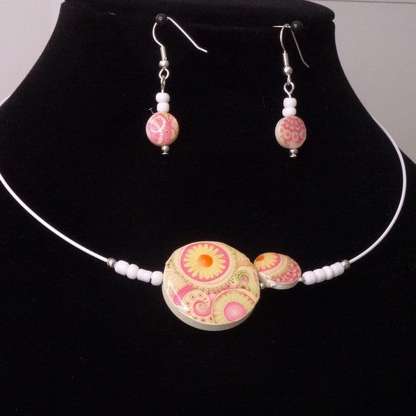 Fuzzy peach and pastel green transfer printed recycled pendant necklace and earrings handmade wire upcycled bead necklace, Earring set