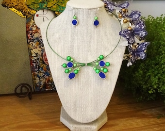 Navy and green necklace wire navy and apple green floating bead necklace choker and earrings