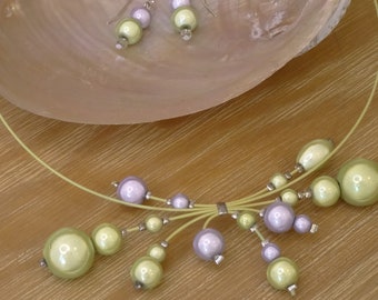 Purple and green necklace, lavender and green choker and earrings