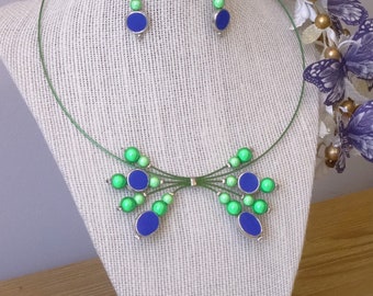 Navy and green necklace  blue and  green bead choker and earrings