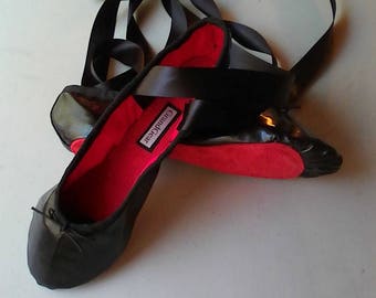 Handmade Shiny Black Vinyl Fabric Ballet Shoes - Contrasting Red Lining & Red Full sole