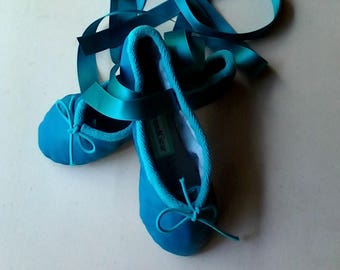 Bright Blue Lambskin Leather Ballet Slippers with attached ribbons - Full Soles- Now in Women's sizes