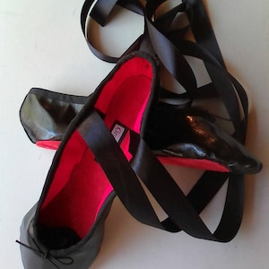 Handmade Shiny Black Vinyl Fabric Ballet Shoes - Contrasting Red Lining & Red Full sole