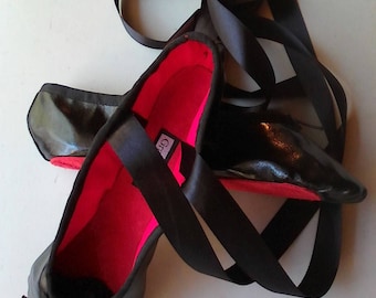 Handmade Shiny Black Vinyl Fabric Ballet Shoes - Contrasting Red Lining & Red Full sole