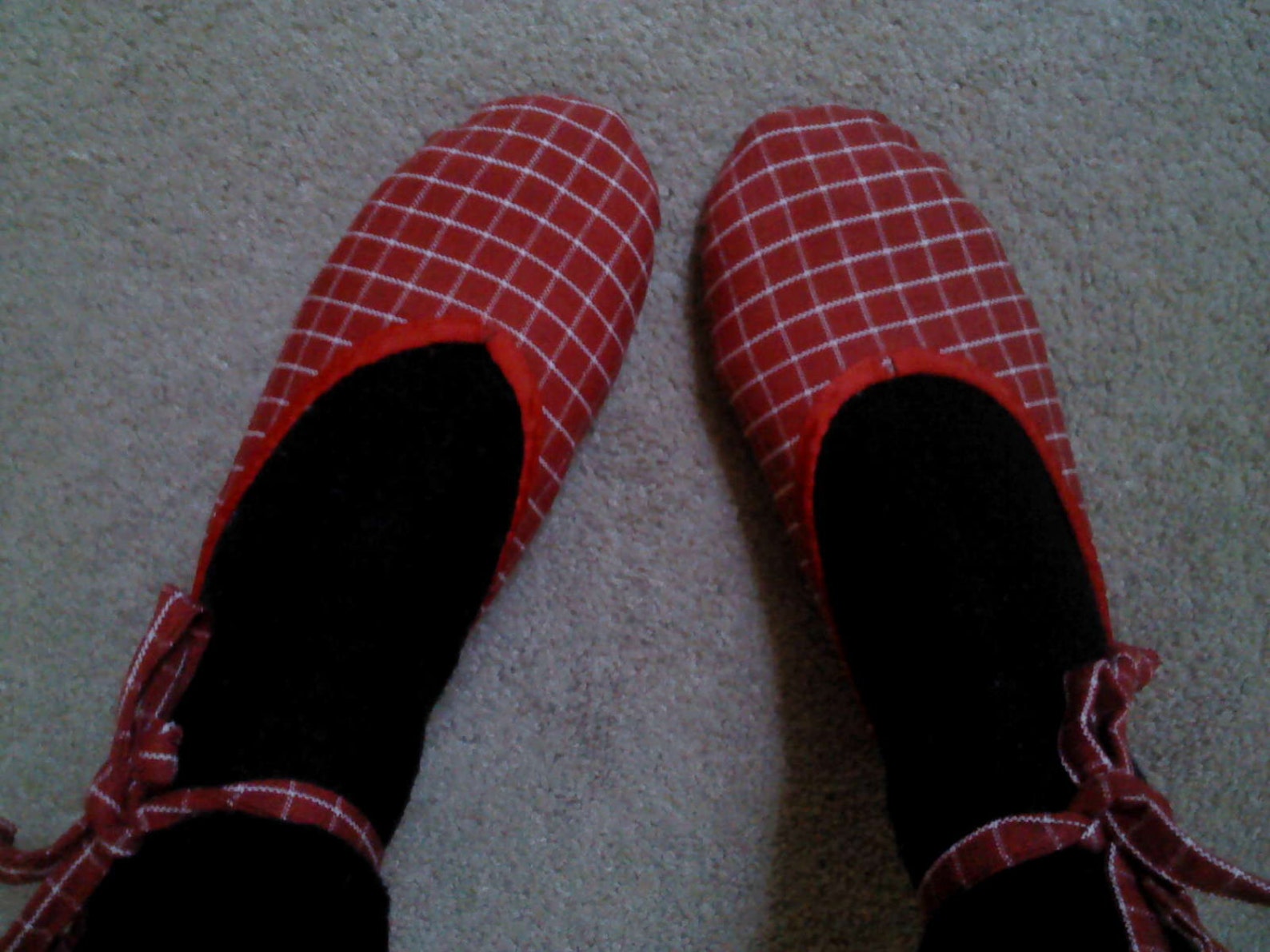 red checked canvas ballet slippers with ankle tie- women's size 7 us / 6 au