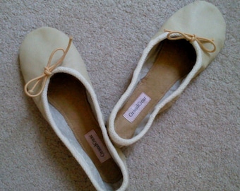 Beige Leather Ballet Slippers / Ballet Shoes - Full Sole -  Adult sizes