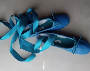 Ready To Ship Now!!! Bright True Blue Leather Ballet Slippers with attached ribbons Girls' size US 2 / AU 1 / UK 13 Ballet Shoes Full Soles