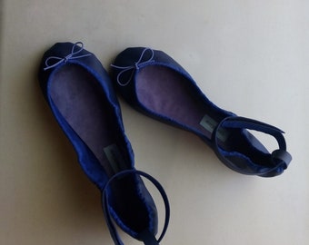 Extreme Low Cut Royal Blue Leather Ballet Shoes Ballet Slippers avec sangles de cheville et / ou cravates ruban - Tailles adultes