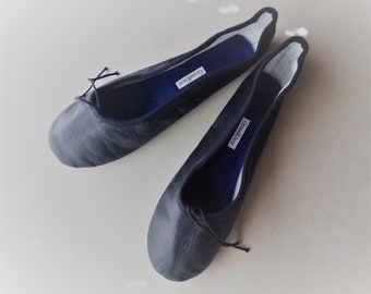 Ready to Ship Now!! Black Leather Ballet Slippers -Adult/Women's - Full Sole Ballet Shoes size US 9.5 / EU 42.5 / UK 8.5 Foot Length = 26cm