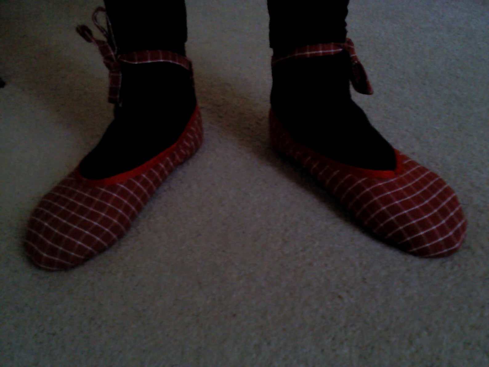 red checked canvas ballet slippers with ankle tie- women's size 7 us / 6 au