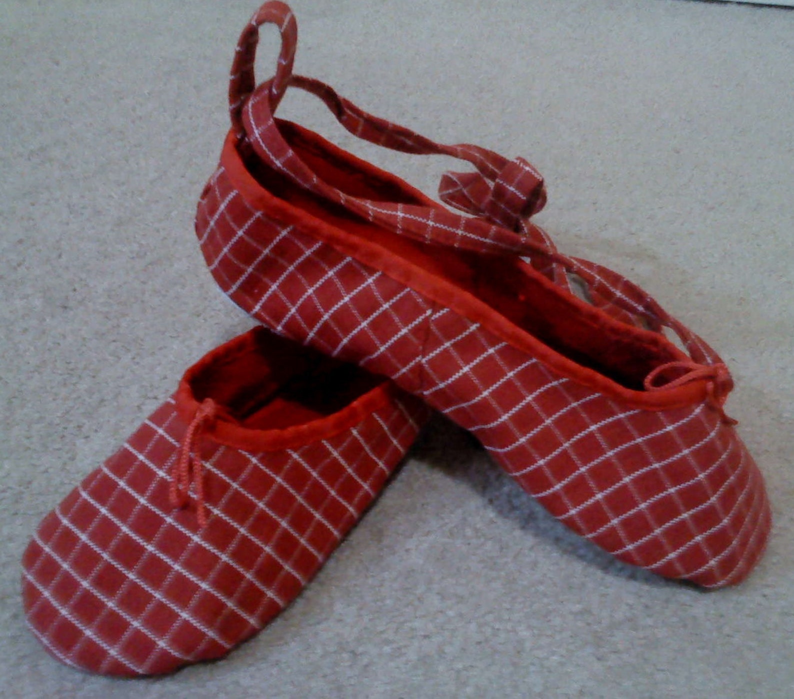 red checked canvas ballet slippers with ankle tie- women's size 7 us / 6 au