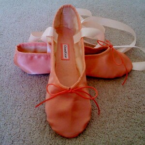 May include: A pair of peach-colored satin ballet shoes with white ribbon ties and orange satin bows. The shoes have a label that reads "Grand Gear".