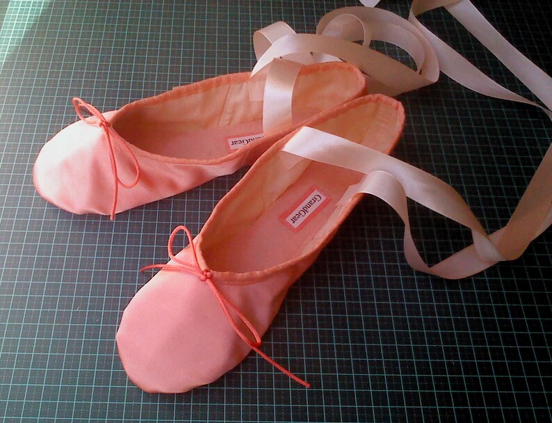 May include: A pair of pink satin ballet shoes with pink ribbon ties. The shoes are on a green gridded surface. The label on one shoe reads "Crandall-Cesar".