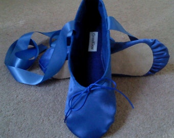 Royal Blue Satin Ballet Shoes Adult sizes Ballet Slippers with Ribbons Full sole or Split sole