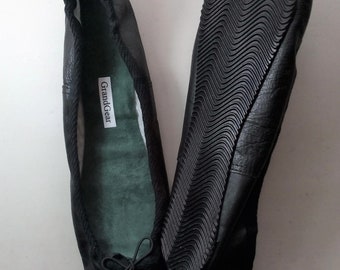 Extreme Low-Cut Black Leather Ballet Shoes with Outdoor Rubber Soles - in Adult European sizes (including larger men's sizes)