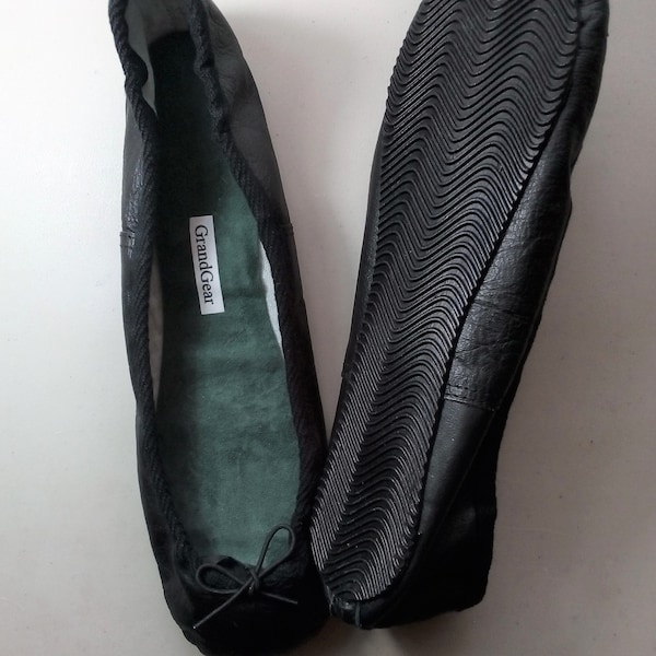Extreme Low-Cut Black Leather Ballet Shoes with Outdoor Rubber Soles -  Adult sizes