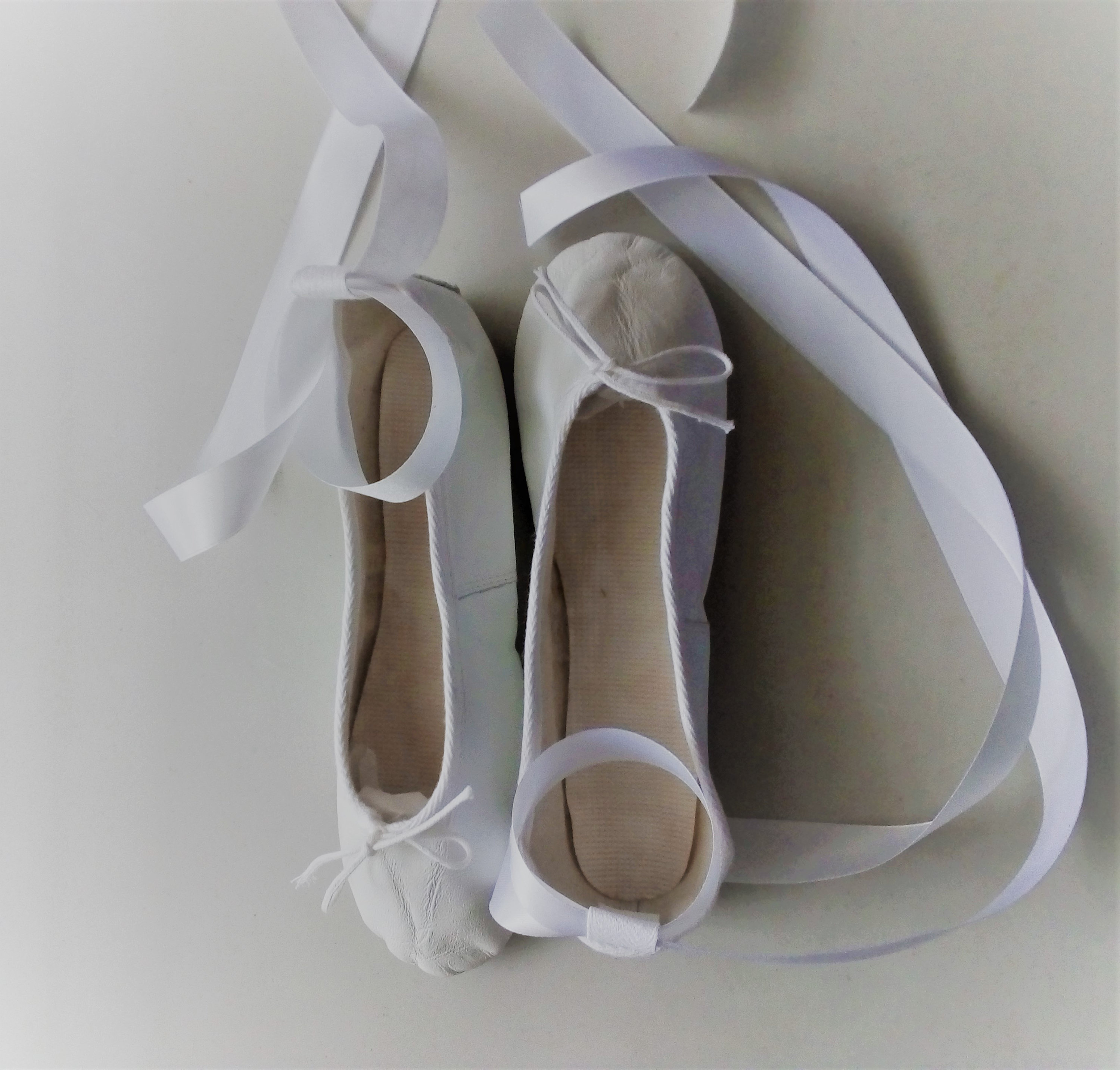 White Leather Ballet Slippers With Ankle Ribbon Ties Wedding