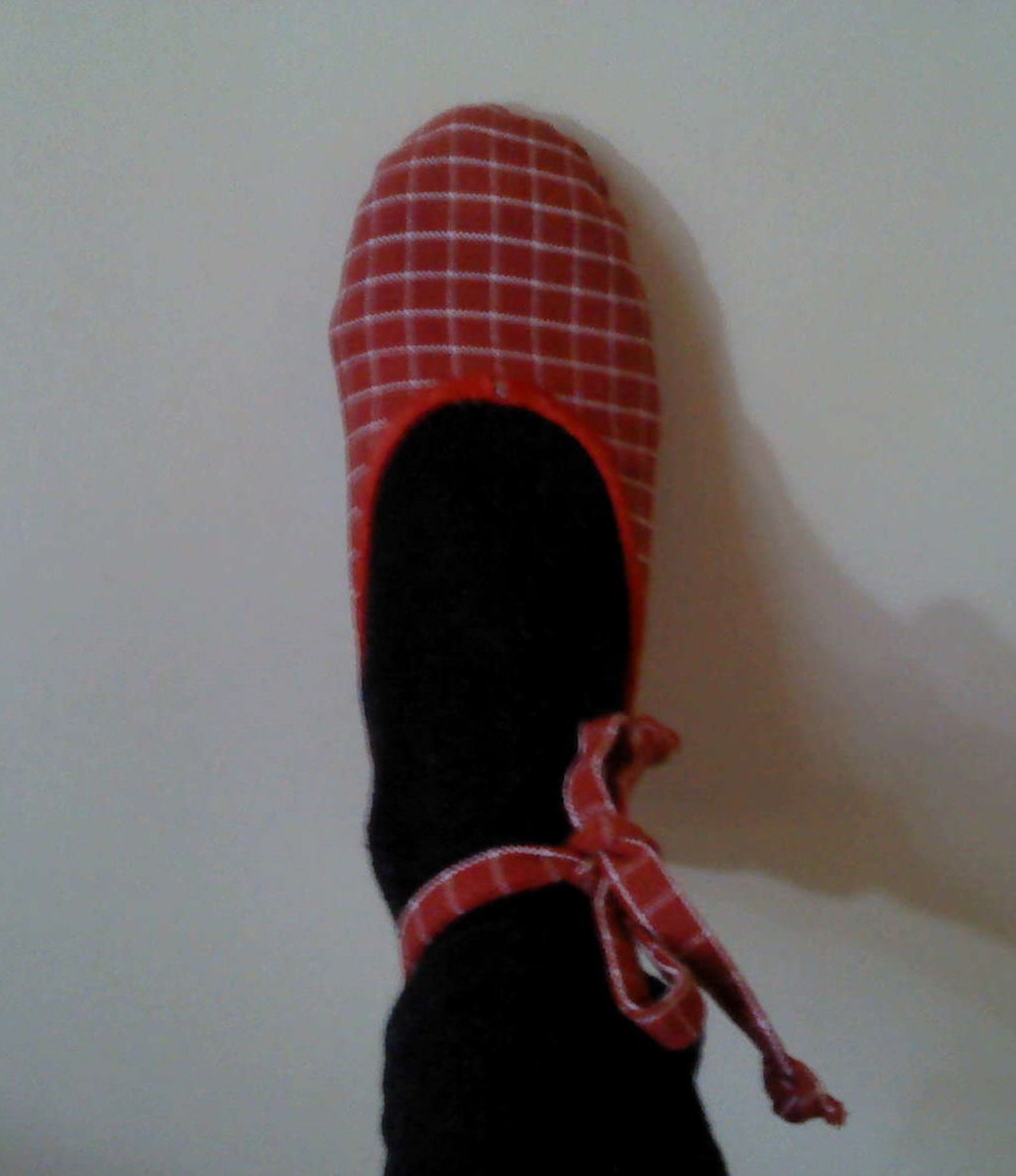 red checked canvas ballet slippers with ankle tie- women's size 7 us / 6 au