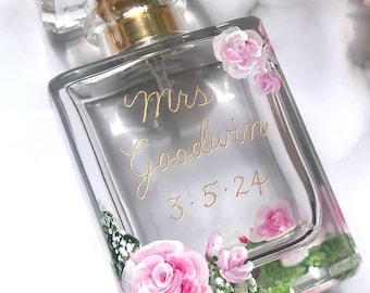 Floral Engraved and painted Perfume Bottle, Handpainted Refillable Fragrance