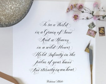 William Blake Quote, Auguries of Innocence in Calligraphy, To see a world in a grain of sand, William Blake art print, Literary art print