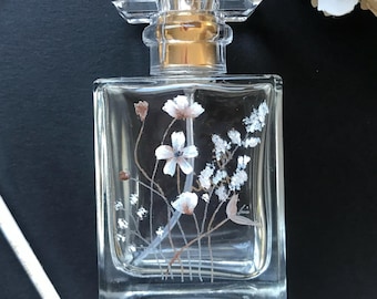 Hand Painted and Engraved Wildflower Perfume Bottle, personalised refillable perfume gift