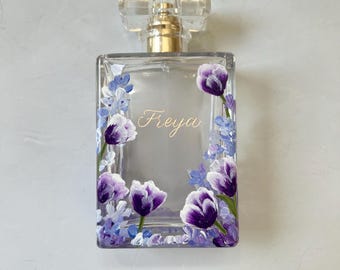 Hand-Painted Tulip Perfume Bottle, Custom Engraved Refillable Gift
