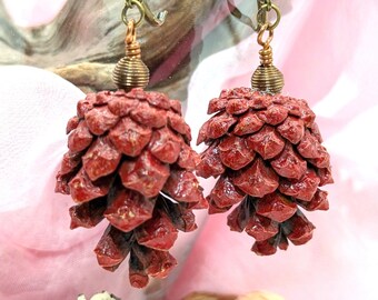 Red Scots Pinecone Earrings - Woodland Antique Brass Jewelry