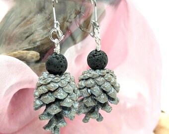 Silver Scots Pinecone Earrings - Silver Hooks & Black Lava Beads, Natural Woodland Jewelry