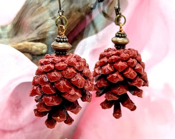 Red Scots Pinecone Earrings - Antique Brass French Hooks & Beads, Natural Woodland Jewelry