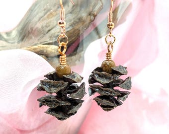 Metasequoia Cone Earrings - Rose Gold Hoods & Wooden Beads, Natural Woodland Jewelry