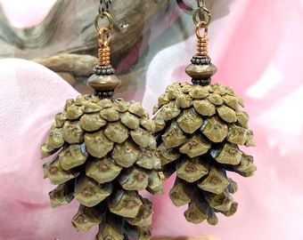 Scots Pinecone Earrings - Antique French Hooks & Beads, Natural Woodland Jewelry