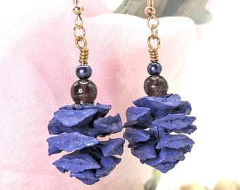 Purple Metasequoia Cone Earrings - Copper Hooks & Purple Glass Beads, Natural Woodland Jewelry