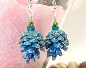 Mermaid Scots Pinecone Earrings - Silver with Aqua, Green Glass Beads, Natural Woodland Jewelry