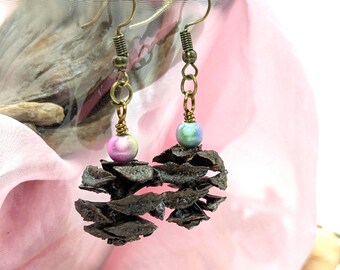 Metasequoia Cone Earrings - Antique Brass Hooks, Pink & Blue 3D Miracle Beads, Natural Woodland Jewelry
