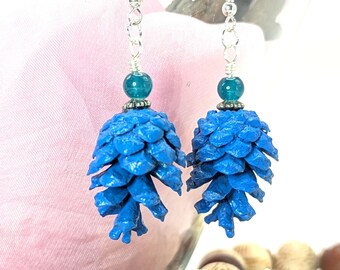 Cobalt Blue Scots Pinecone Earrings - Silver Hooks & Aqua Glass Beads, Natural Woodland Jewelry