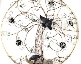 Tree of Life with Corvids on Copper, Silver Roses, Green Glassy Beads on a Hoop